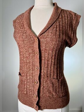 Vintage 70s College Town S/M Rust Rib Knit Shawl Collar Sweater Vest Very Nice